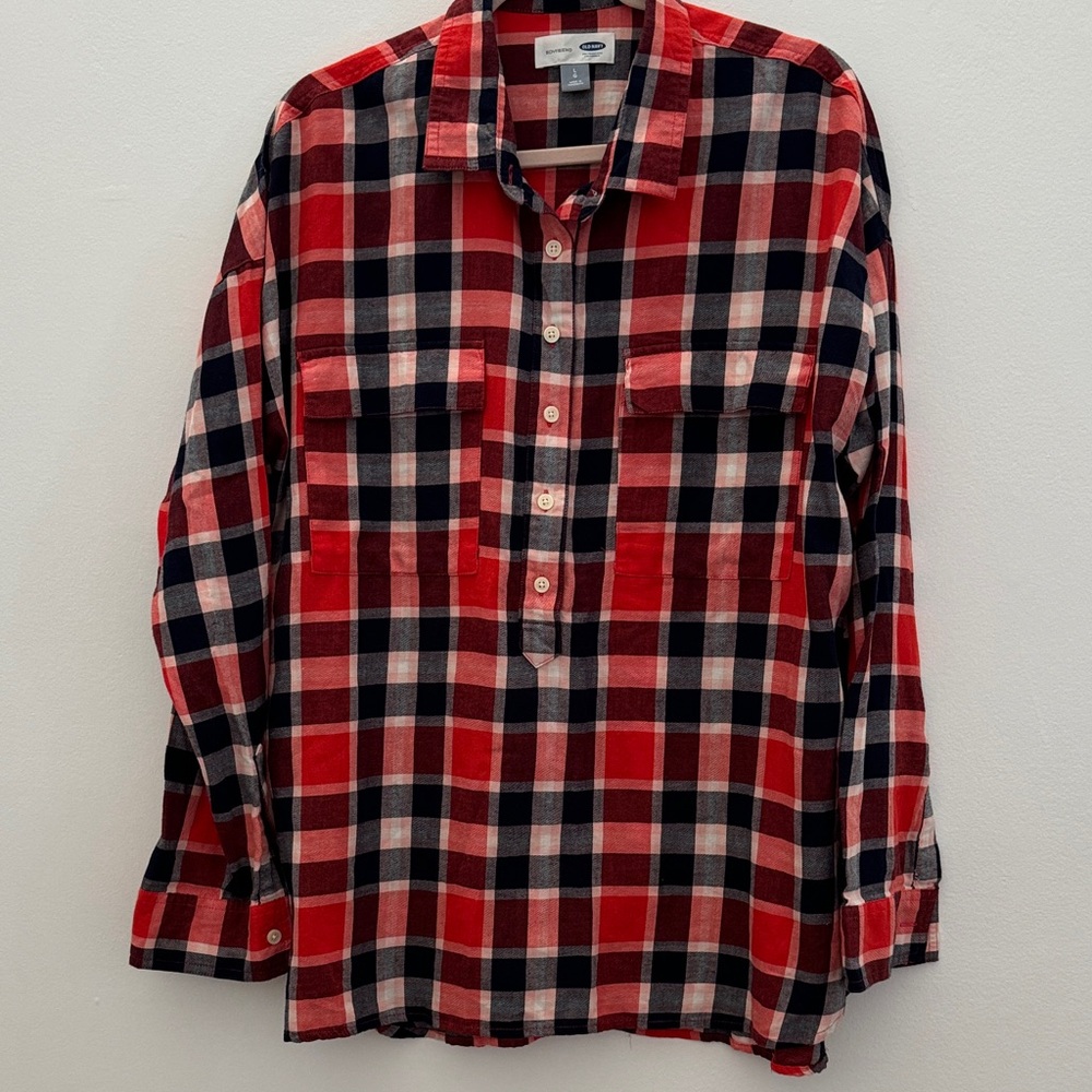 NWT Old Navy Orange and Blue Plaid Women’s ‘Boyfriend’ Button Up Shirt